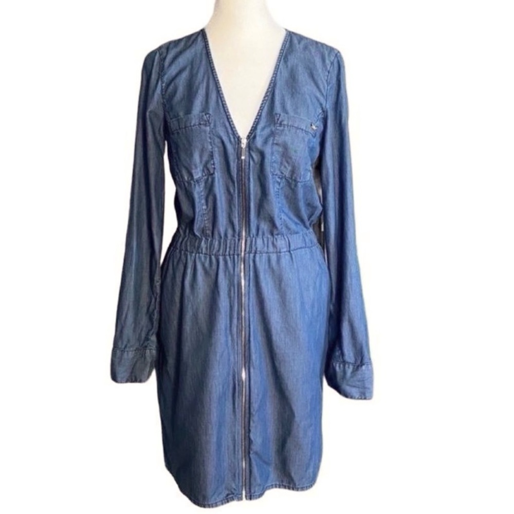 Guess Chambray Denim V-Neck Long Sleeve Elastic Waist Short Dress Size Small